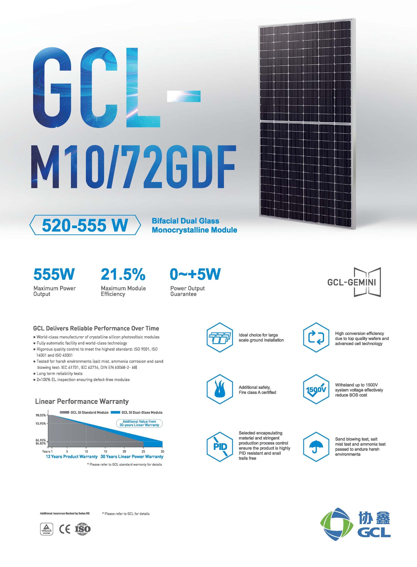 Panel Bifacial Dual Glass Monocrstalino GCL Sys 550w