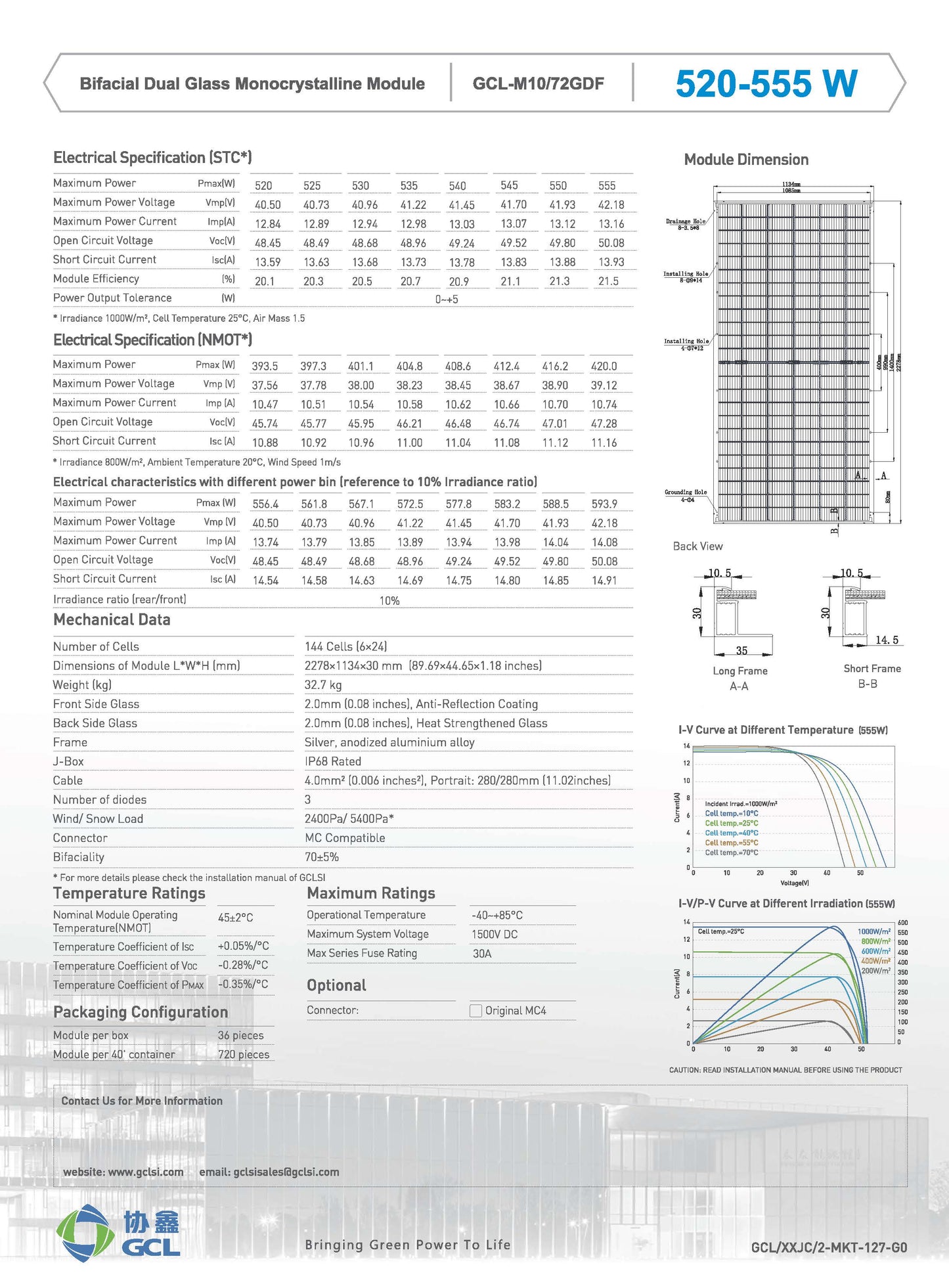 Panel Bifacial Dual Glass Monocrstalino GCL Sys 550w